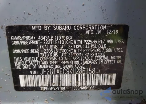 2019 Subaru Crosstrek 2.0I Premium from USA, damaged, VIN JF2GTAEC9KH286158